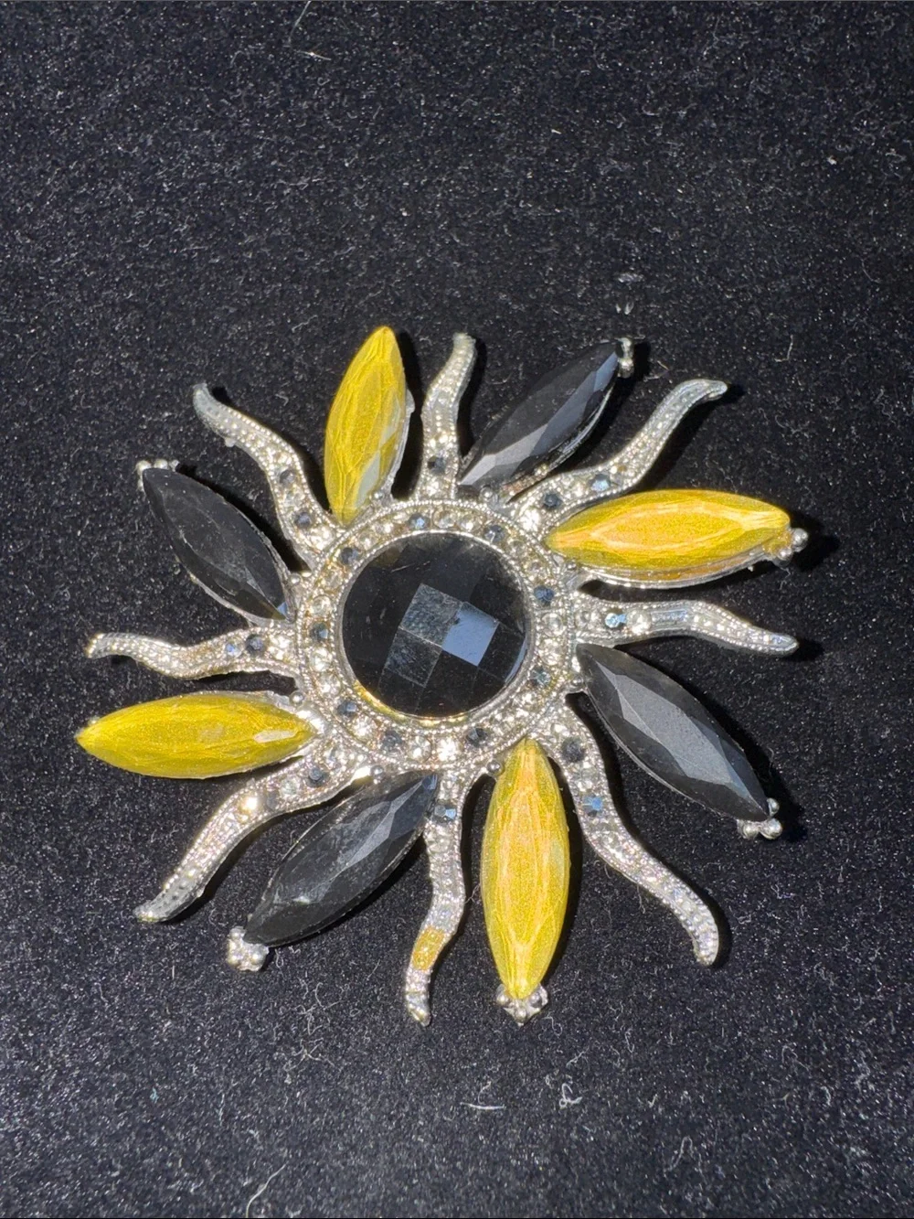 Vintage Style Black Yellow Crystal Sunburst Brooch Silver Tone Statement Pin